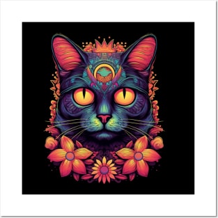 Colorful Abstract Cat and Flowers Design Posters and Art